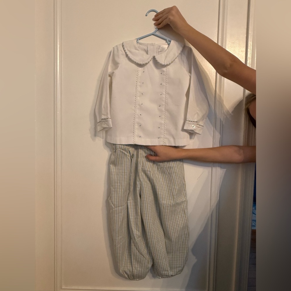 Boys White Peter Pan Collar Top with Blue and Trim and Matching Pants